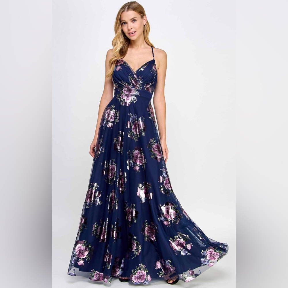 City Studio Navy Maxi Dress with Pink & Purple Floral Print
